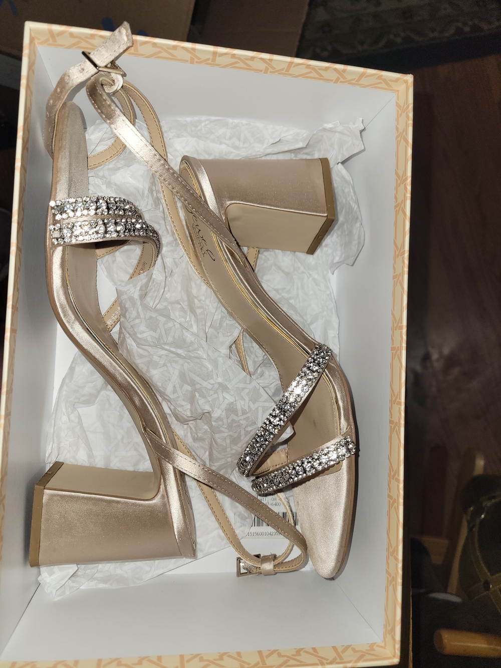 Jewel Badgley Mischka Champagne Satin Block Heel Sandals with Crystal Straps
